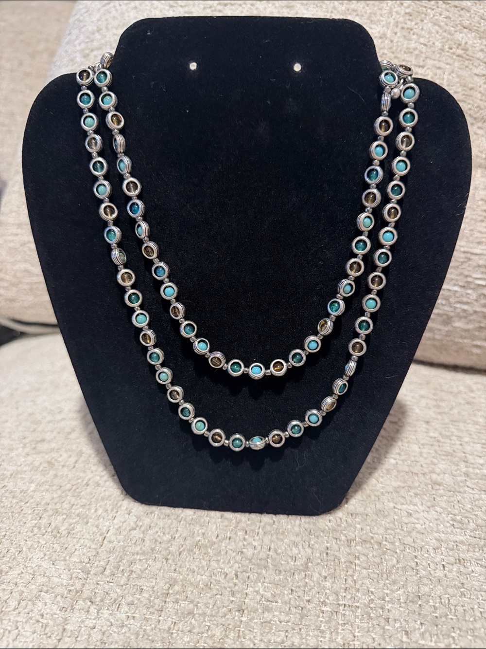Premier Designs Double Strand Turquoise and Silver Bead Necklace